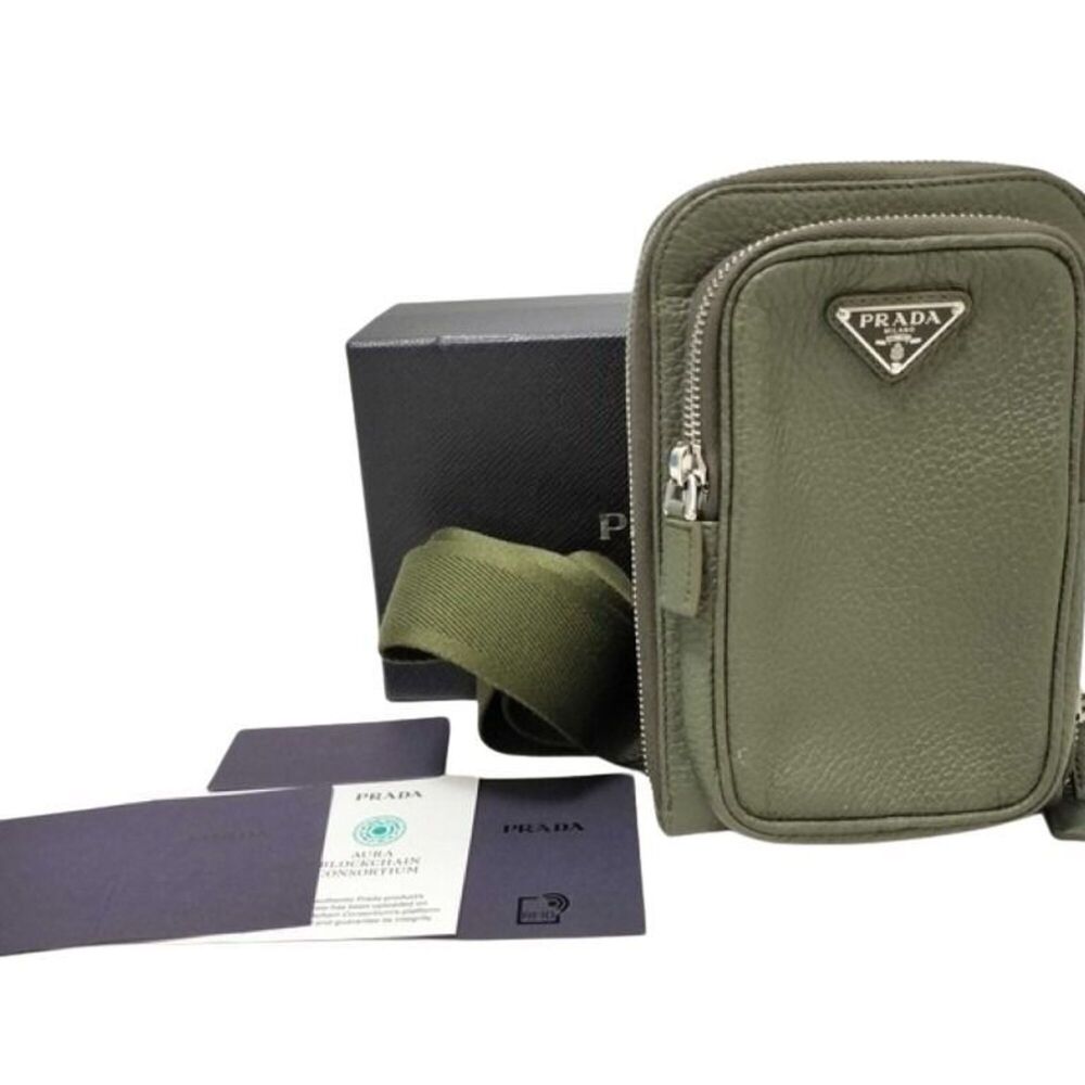 PRADA Shoulder Bag Triangle 2ZH195 Khaki Leather Unisex Smartphone Case